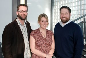 Pictured with Dr Elizabeth Gibson are Huddersfield chemists Dr Paul Elliott (left) and Dr Jason Camp (right).