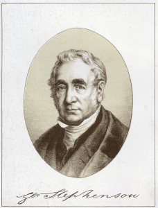 Engraving of George Stephenson from George Stephenson : the locomotive and the railway, 1881 (19th Century Collection, 19th C. Coll. 620.92 STE-1)