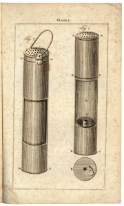 Illustration of Sir Humphrey Davy's safety lamp from Practical hints on the application of wire-gauze to lamps : for preventing explosions in coal mines, 1816 (Rare Books, RB942.8 TYN(VI)2)