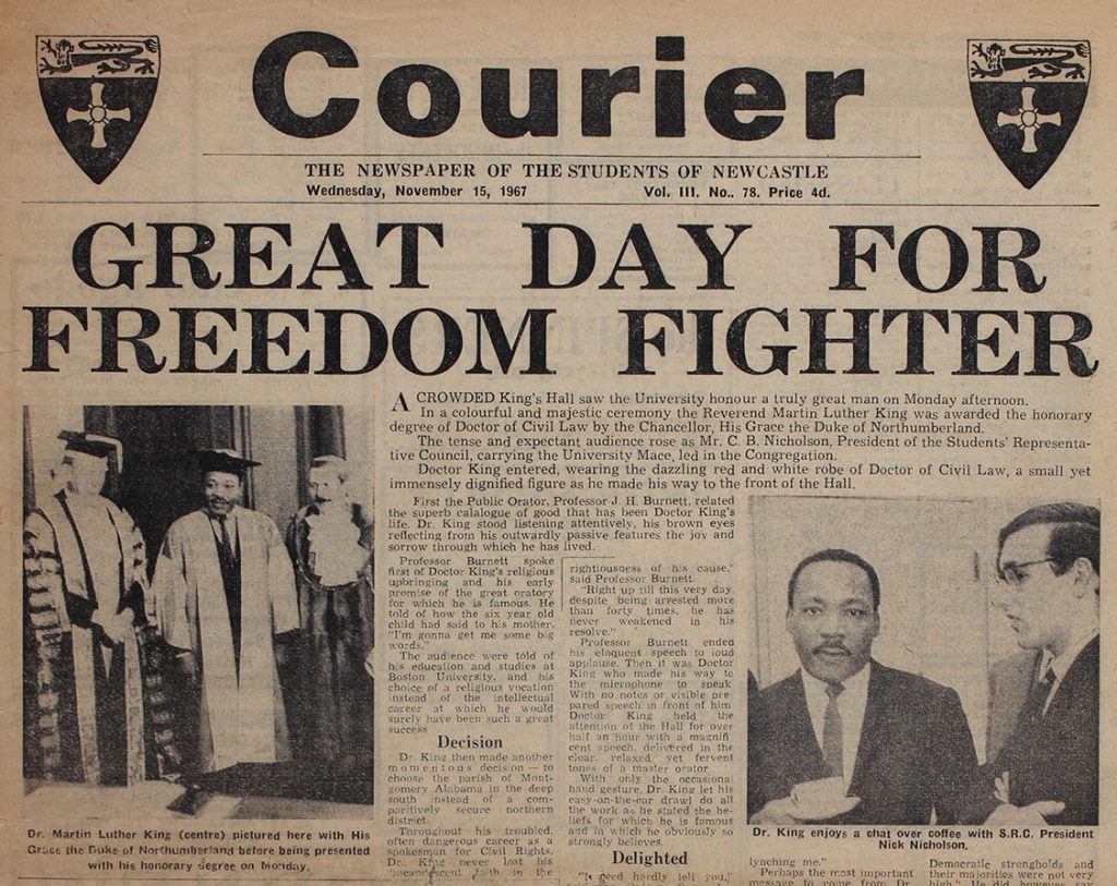 'Great Day for Freedom Fighter', Martin Luther King is given an honorary degree at Newcastle University, 15th November 1967