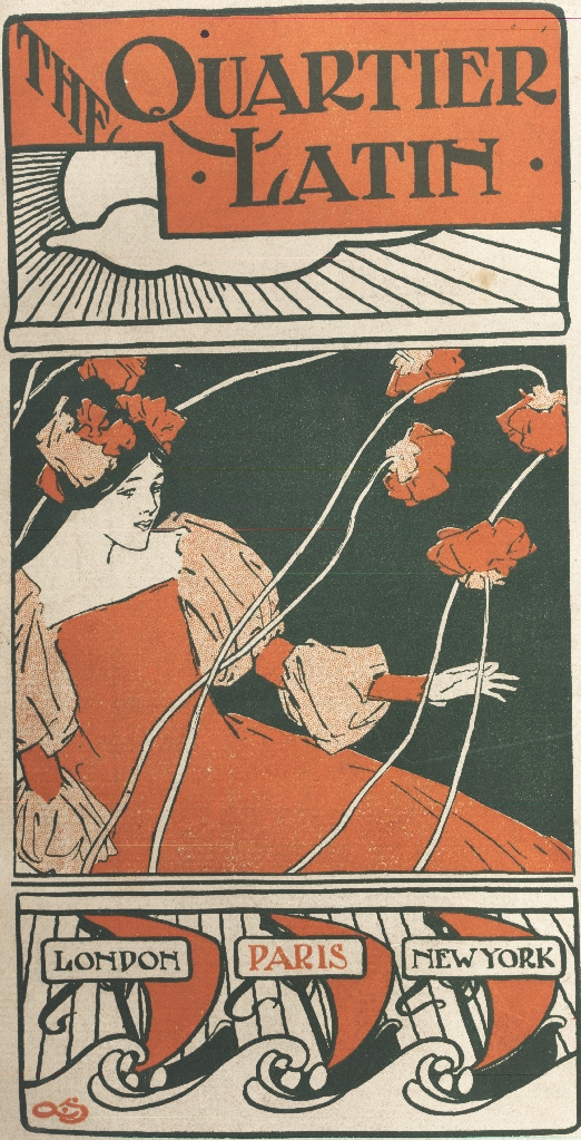 Front cover of The Quartier Latin showing a woman in a red dress and London, Paris, New York' written in the bottom section of image