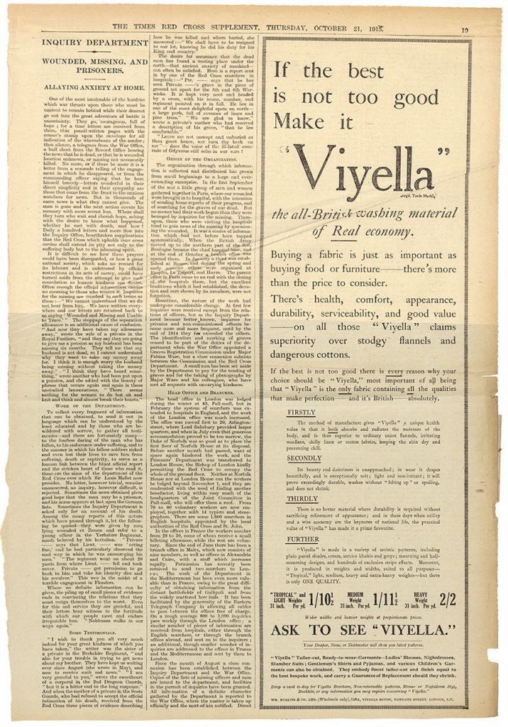 Article in the Times Red Cross Supplement, Inquiry Department: Wounded, Missing and Prisoners—Allaying Anxiety at Home, 21st October 1915