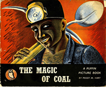 Front cover of The Magic of Coal, showing a coal miner holding a shovel with his tattoo of St. George defeating the dragon on his chest.