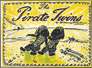 Front cover of The Pirate Twins, depicting the Pirate Twins on a yellow background.