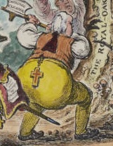 The oak is being hewn by Lord Howick, the Marquis of Buckingham, and Lord Grenville; representing some of the ‘Ministry of All the Talents’, founded upon the death of Pitt. Grenville has a crucifix hanging from his back and wields a Catholic Cleaver, indicating his unpopular support for Catholic Emancipation. 