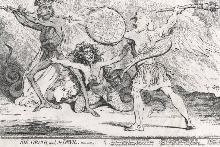 Satirical cartoon, satarises the conflict between Pitt and his Lord Chancellor Edward Thurlow as a scene in Milton’s Paradise Lost. Pitt is depicted as death on the left and Thurlow satan on the right, with Queen Charlotte in the centre protecting Pitt, which along with the crown he wears represent his favour with the monarchy. 