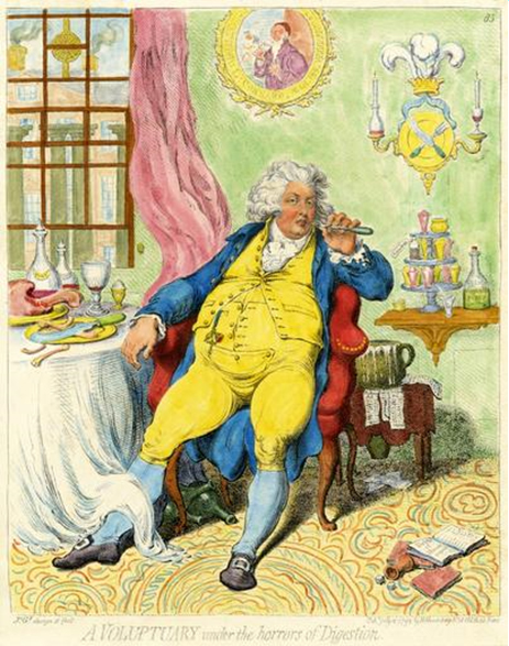 Satirical cartoon, depicts an obese George, Prince of Wales and later Prince Regent and George IV. A man renowned for his self-indulgence and wantonness, he reclines in his dining chair having gorged himself on a huge meal. Previously regarded as possessed of striking good looks, the Prince’s corpulence and greed as he approached 30 is mercilessly satirised; his waistcoat barely fastened over his distended stomach as he rudely picks his teeth with a fork.