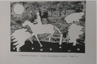 “A Midnight Gallop” (right) by an 11 year old girl contrasts the images of the foreground: the horse, bushes and the moon, with the dark background of the night. The polar opposite to a silhouette, these objects in the foreground are white instead of black.