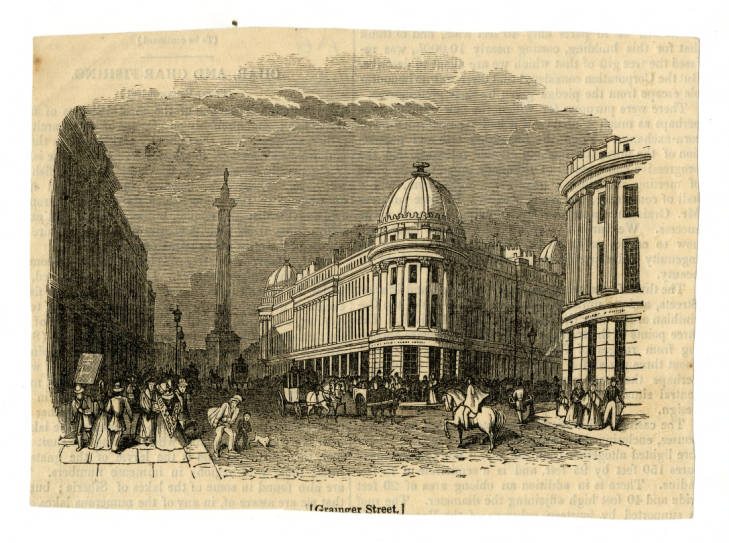 Illustration of Grainger Street,  depicting Grey's Monument and buildings