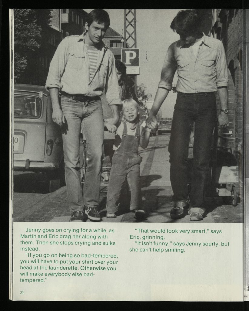 Page 32 of Jenny Lives With Eric and Martin containing text and a large photograph of two men walking down a street with a young girl between them.