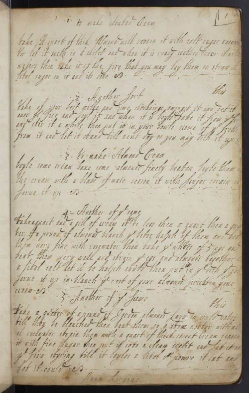 Handwritten page from Jane Loraine's recipe book.