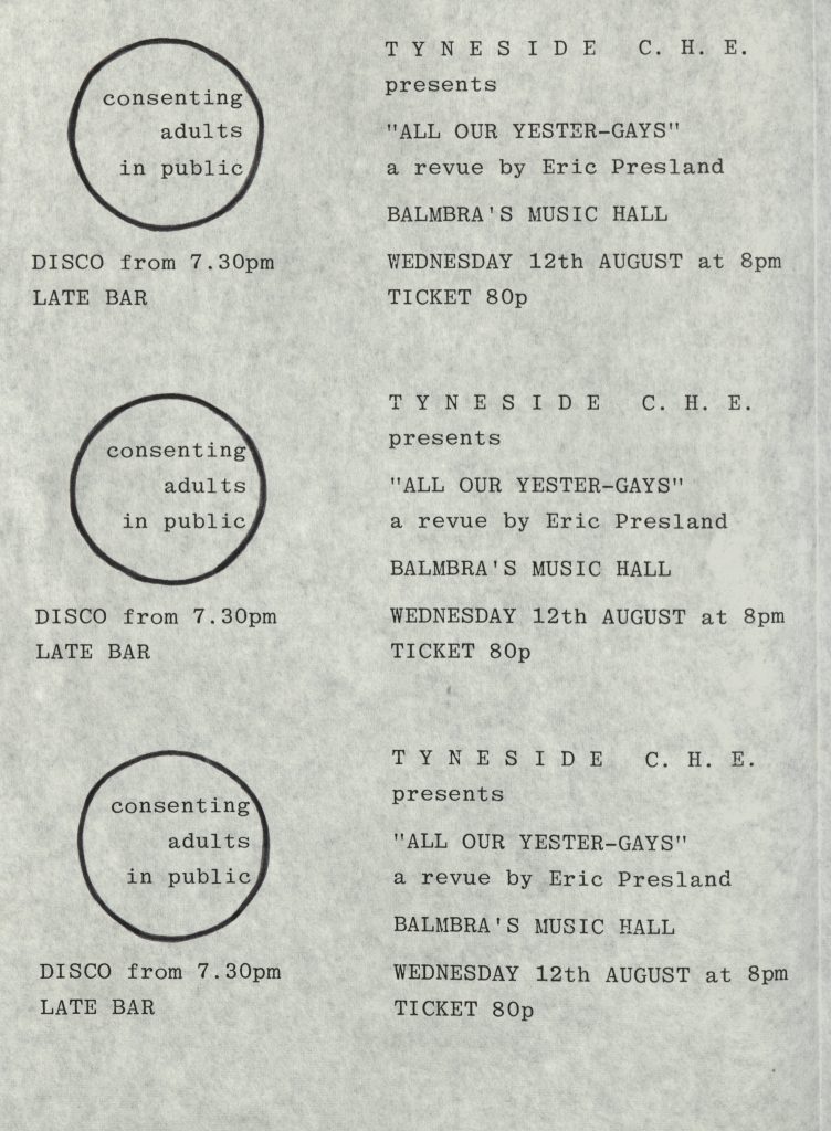 Ticket proofs for performance of All our Yester-Gays by the Consenting Adults in Public theatre company in Newcastle, 12 August [1976?]